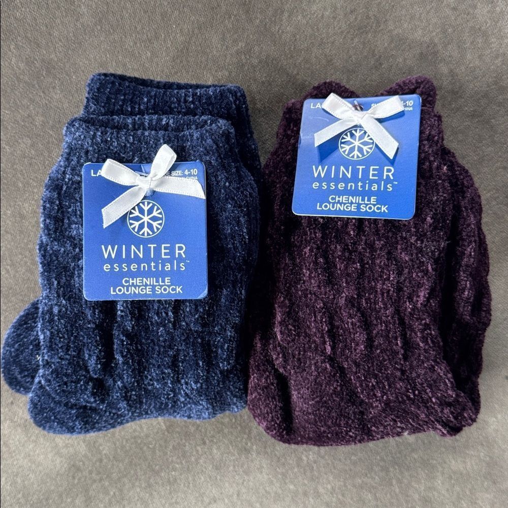 Women’s Winter Essentials Chenille Lounge Socks 1x Navy 1x Purple Size 4-10 NEW